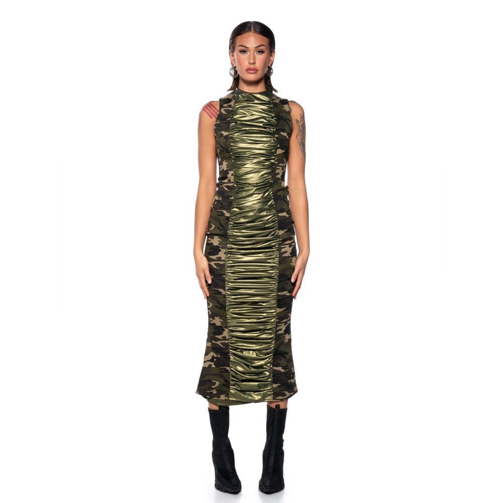 AKIRA Camouflage and Gold Midi Dress